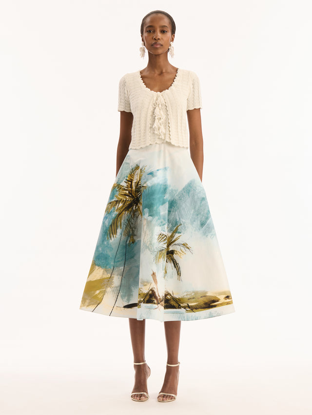 Cotton Poplin Midi Skirt with Palm Tree Print. Front View. 