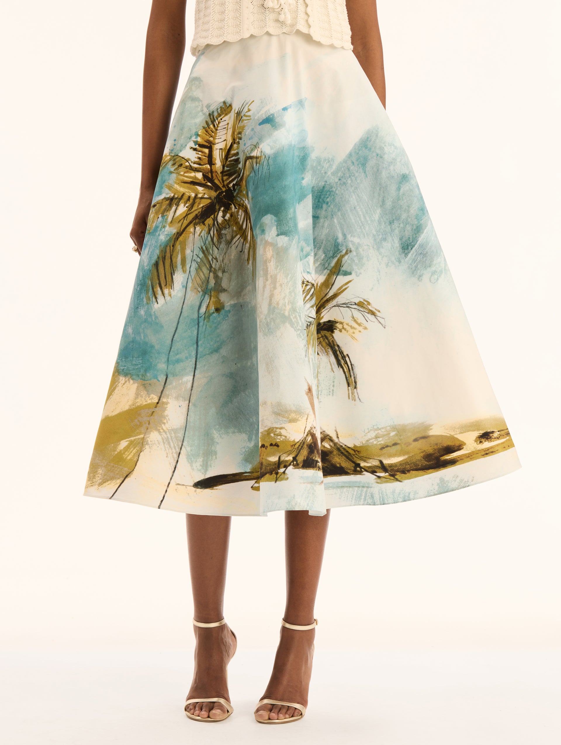Cotton Poplin Midi Skirt with Palm Tree Print. Front View. 