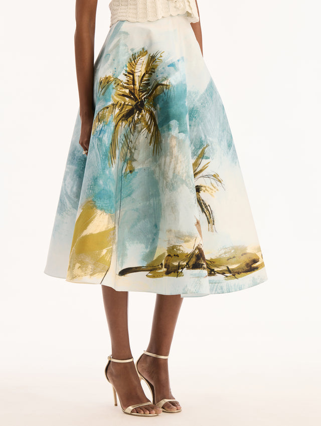 Cotton Poplin Midi Skirt with Palm Tree Print. Side View. 