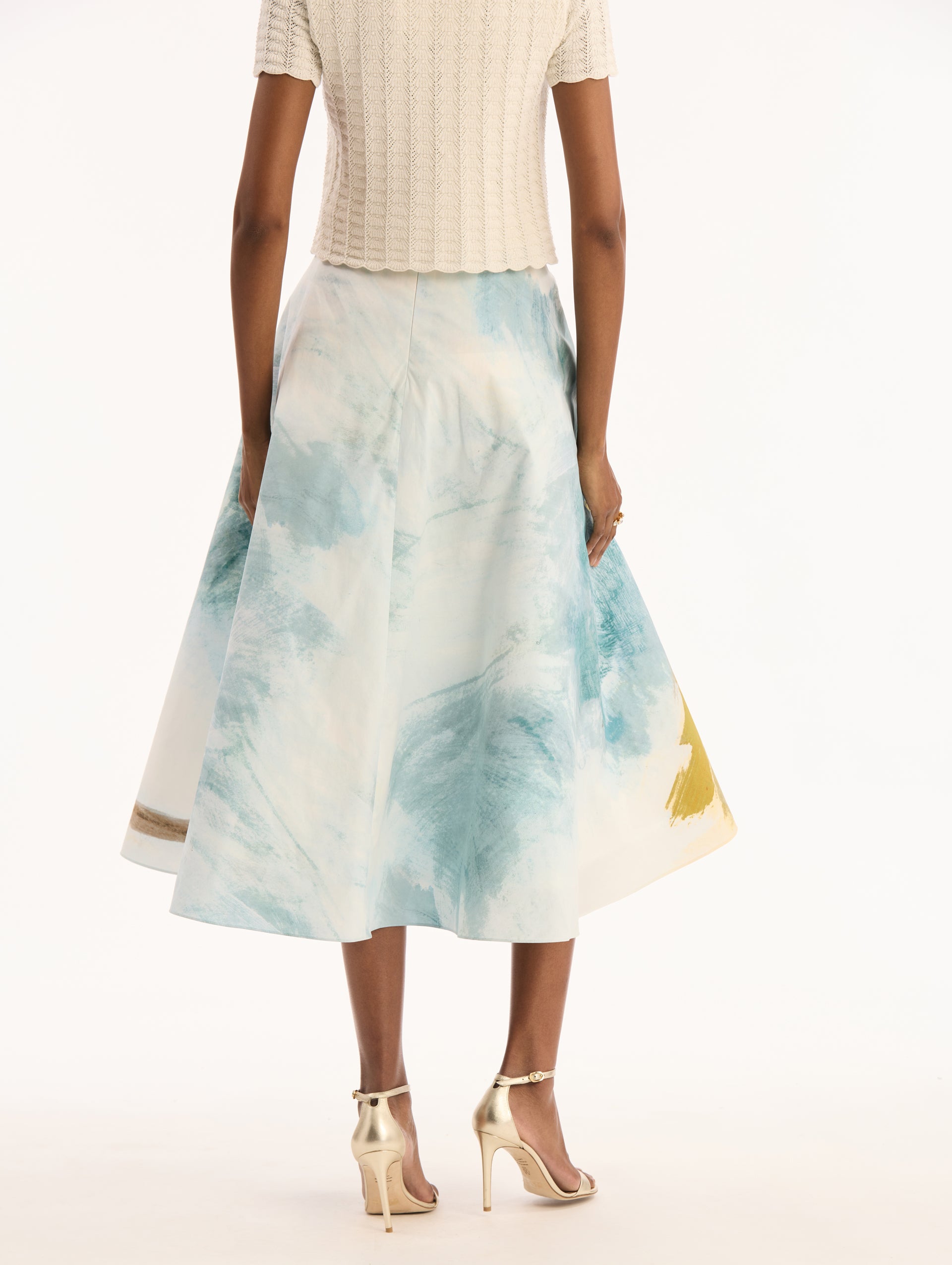 Cotton Poplin Midi Skirt with Palm Tree Print. Back View. 