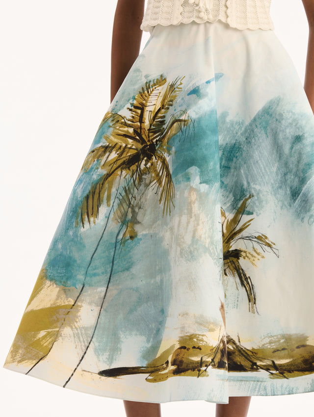 Cotton Poplin Midi Skirt with Palm Tree Print. Front View. 