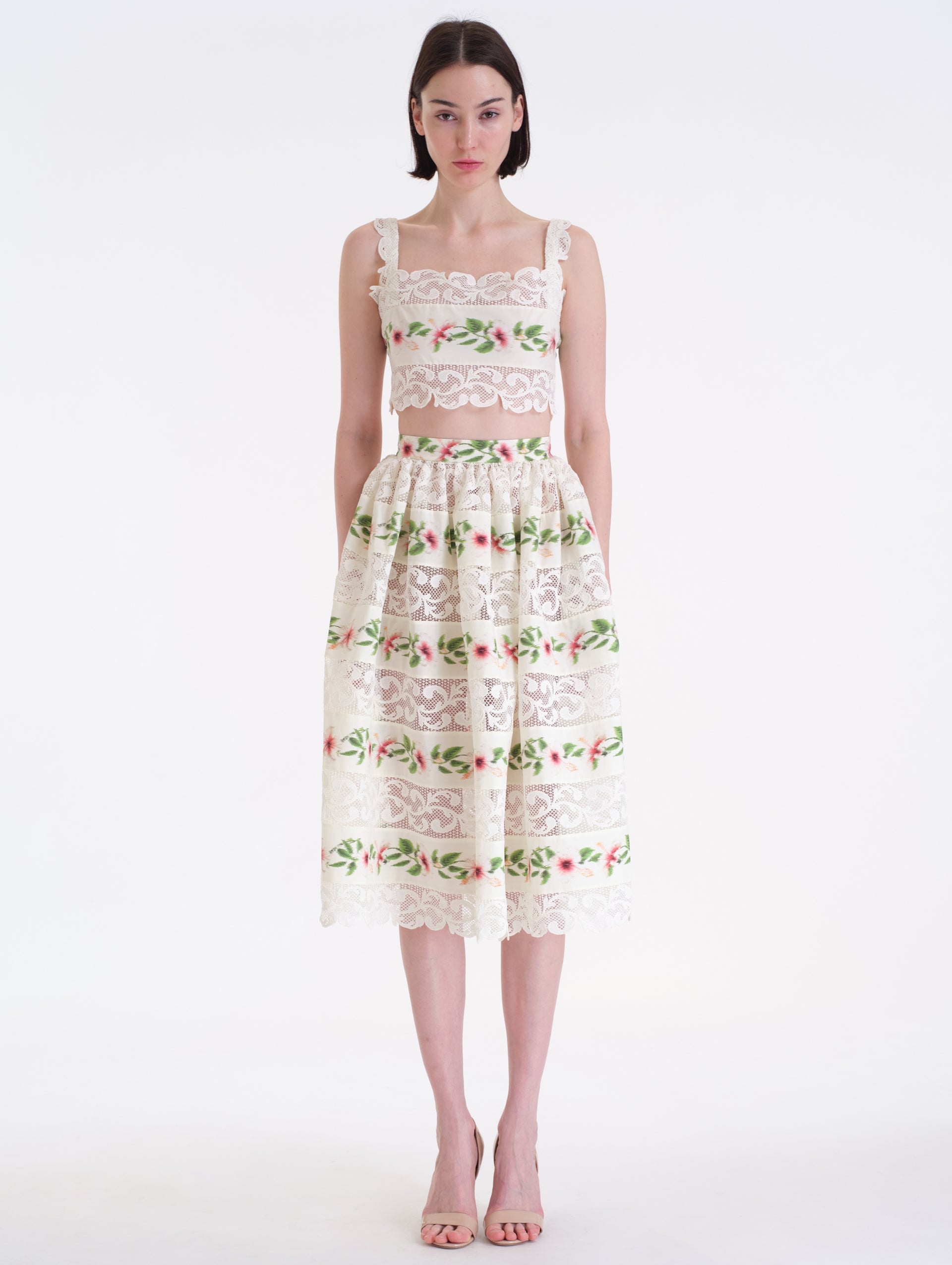 Ivory Cotton Poplin Midi Skirt with Chiné Hibiscus Striped Print. Front View. 