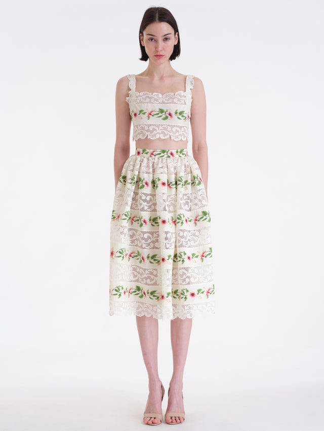 Ivory Cotton Poplin Midi Skirt with Chiné Hibiscus Striped Print. Front View. 