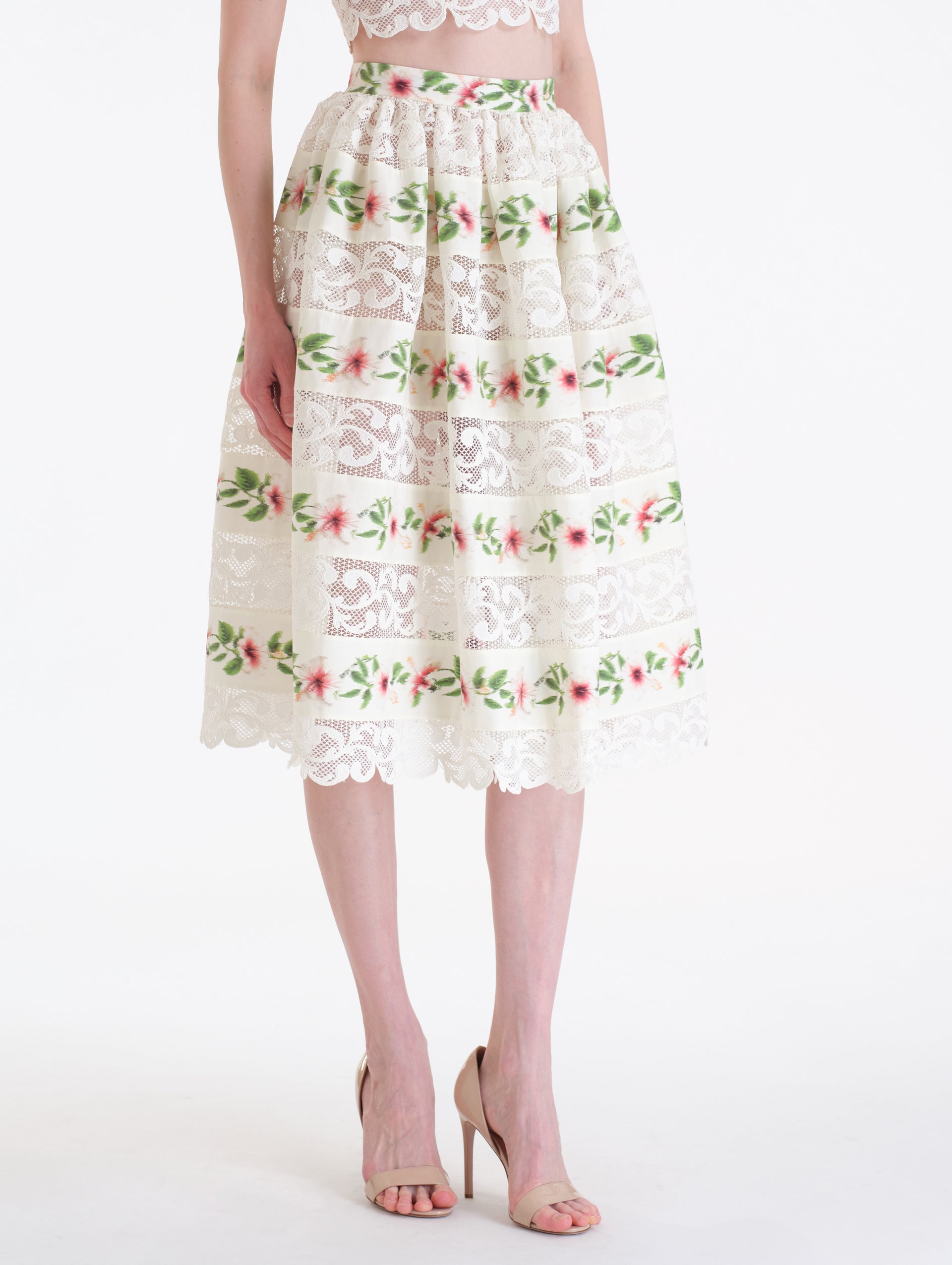 Ivory Cotton Poplin Midi Skirt with Chiné Hibiscus Striped Print. Side View. 