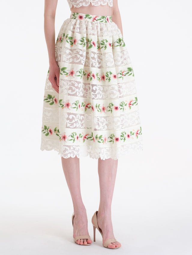 Ivory Cotton Poplin Midi Skirt with Chiné Hibiscus Striped Print. Side View. 