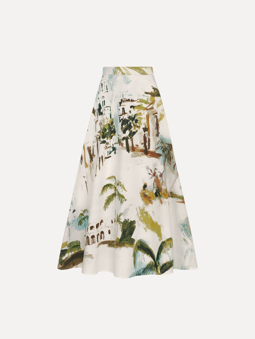 Dominican Landscape Cotton Poplin Skirt in Blue Green multi. front view.