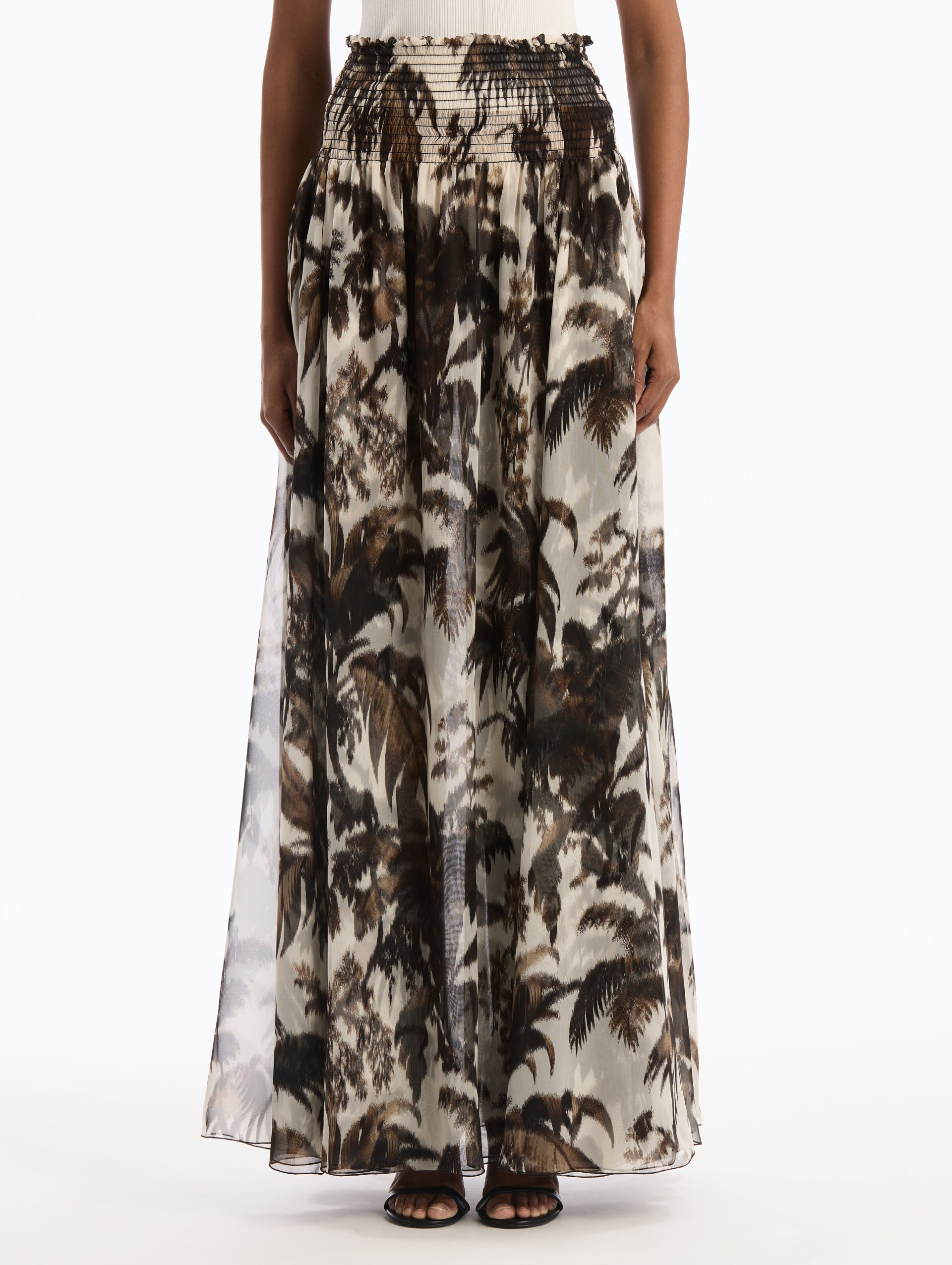 Chiné Pal Leaves Chiffon Maxi Skirt. Elastic Waist. Front View.