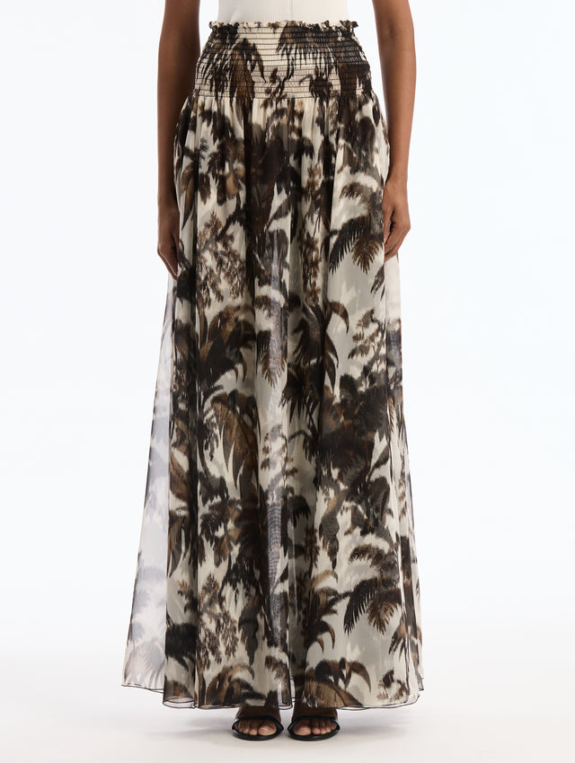 Chiné Pal Leaves Chiffon Maxi Skirt. Elastic Waist. Front View.