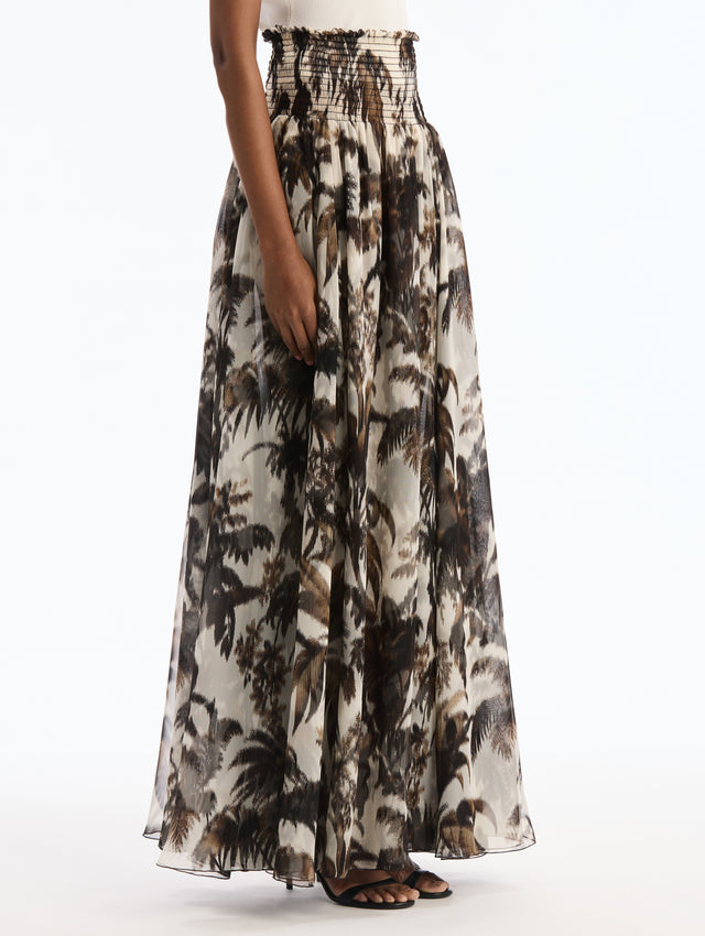Chiné Pal Leaves Chiffon Maxi Skirt. Elastic Waist. Side View.