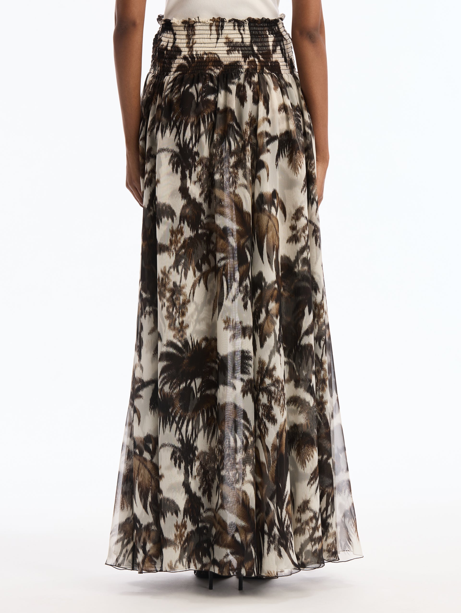 Chiné Pal Leaves Chiffon Maxi Skirt. Elastic Waist. Back View.