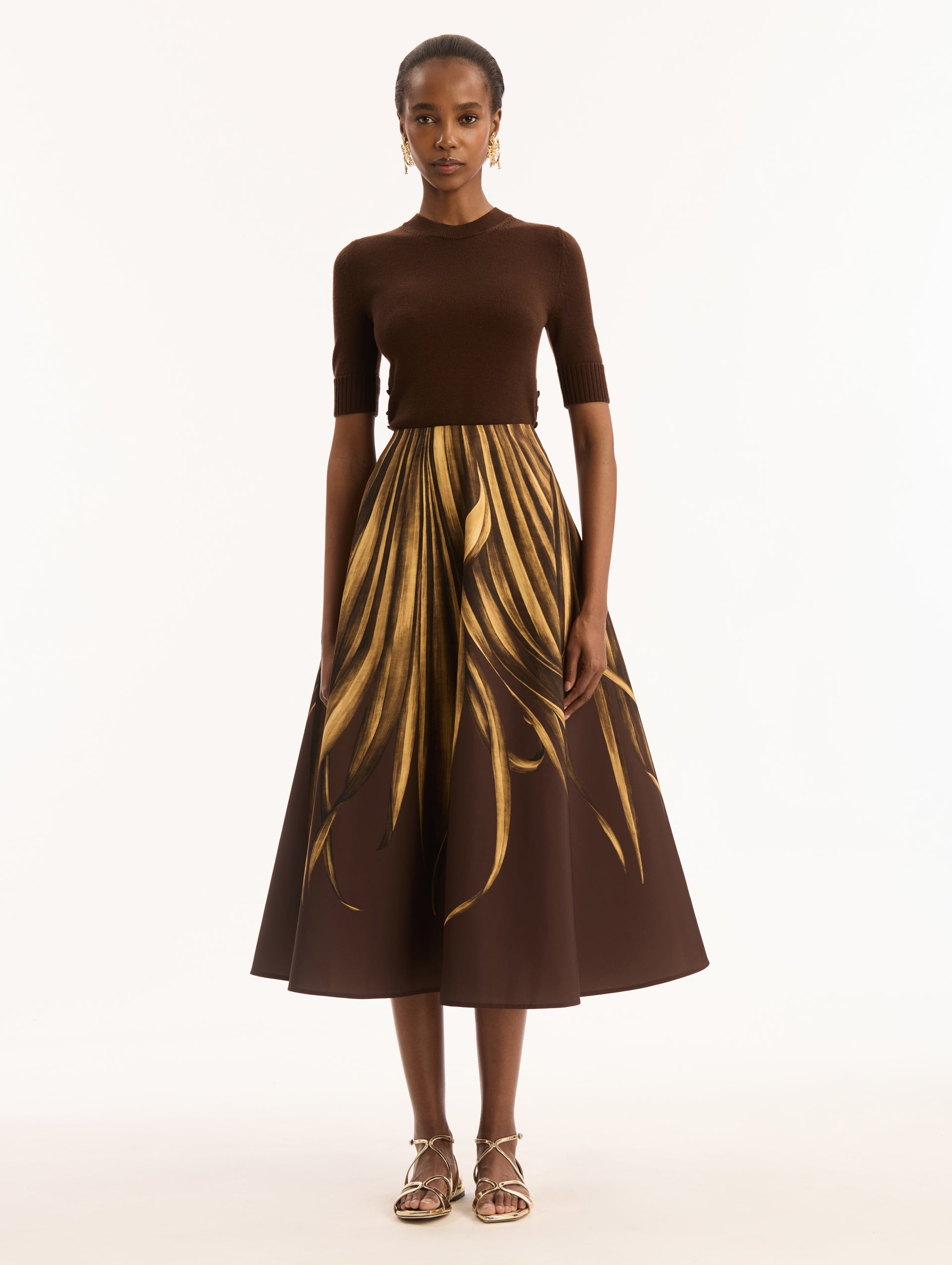 Espresso Failled Midi Skirt with Yellow Palm Leaves. Front View.