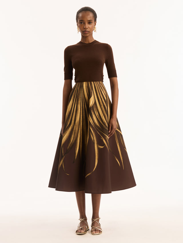 Espresso Failled Midi Skirt with Yellow Palm Leaves. Front View.