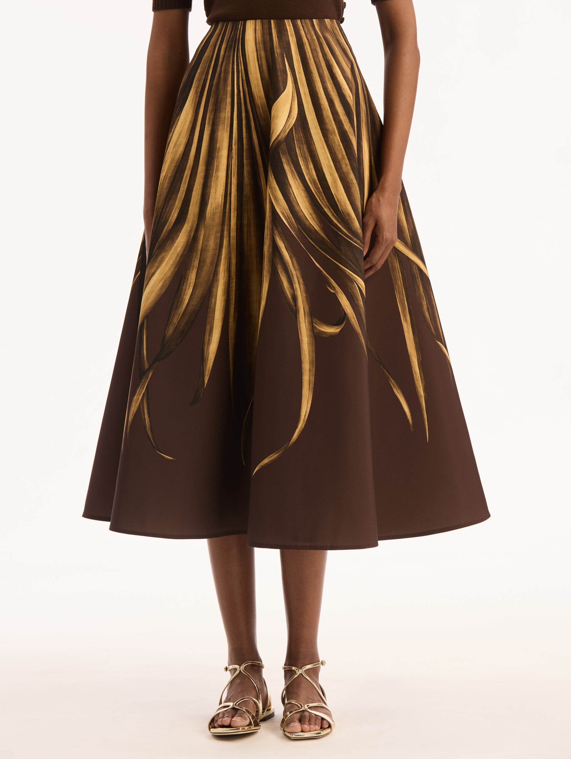 Espresso Failled Midi Skirt with Yellow Palm Leaves. Front View.