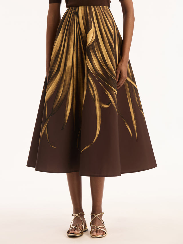 Espresso Failled Midi Skirt with Yellow Palm Leaves. Front View.