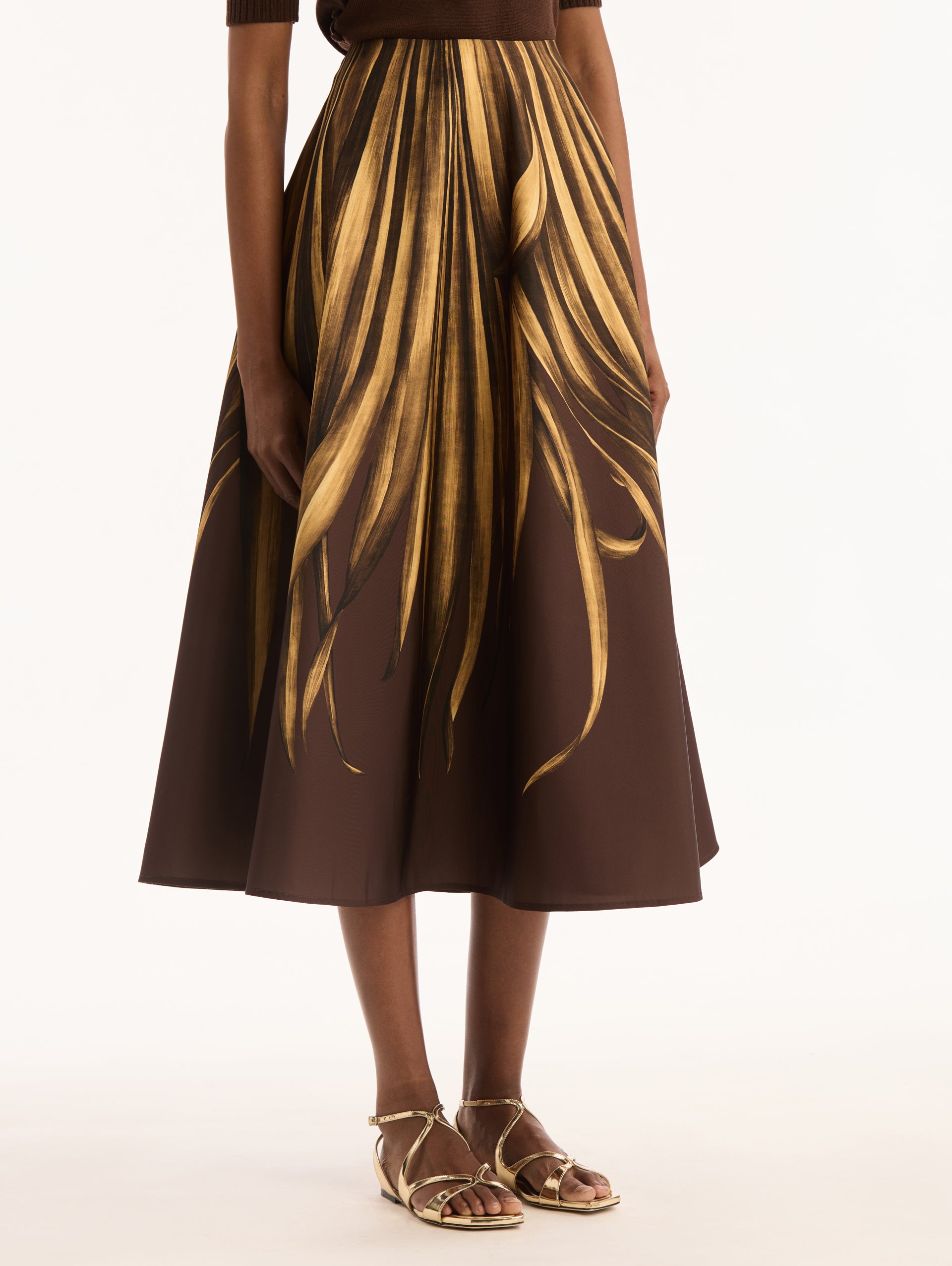 Espresso Failled Midi Skirt with Yellow Palm Leaves. Side View.