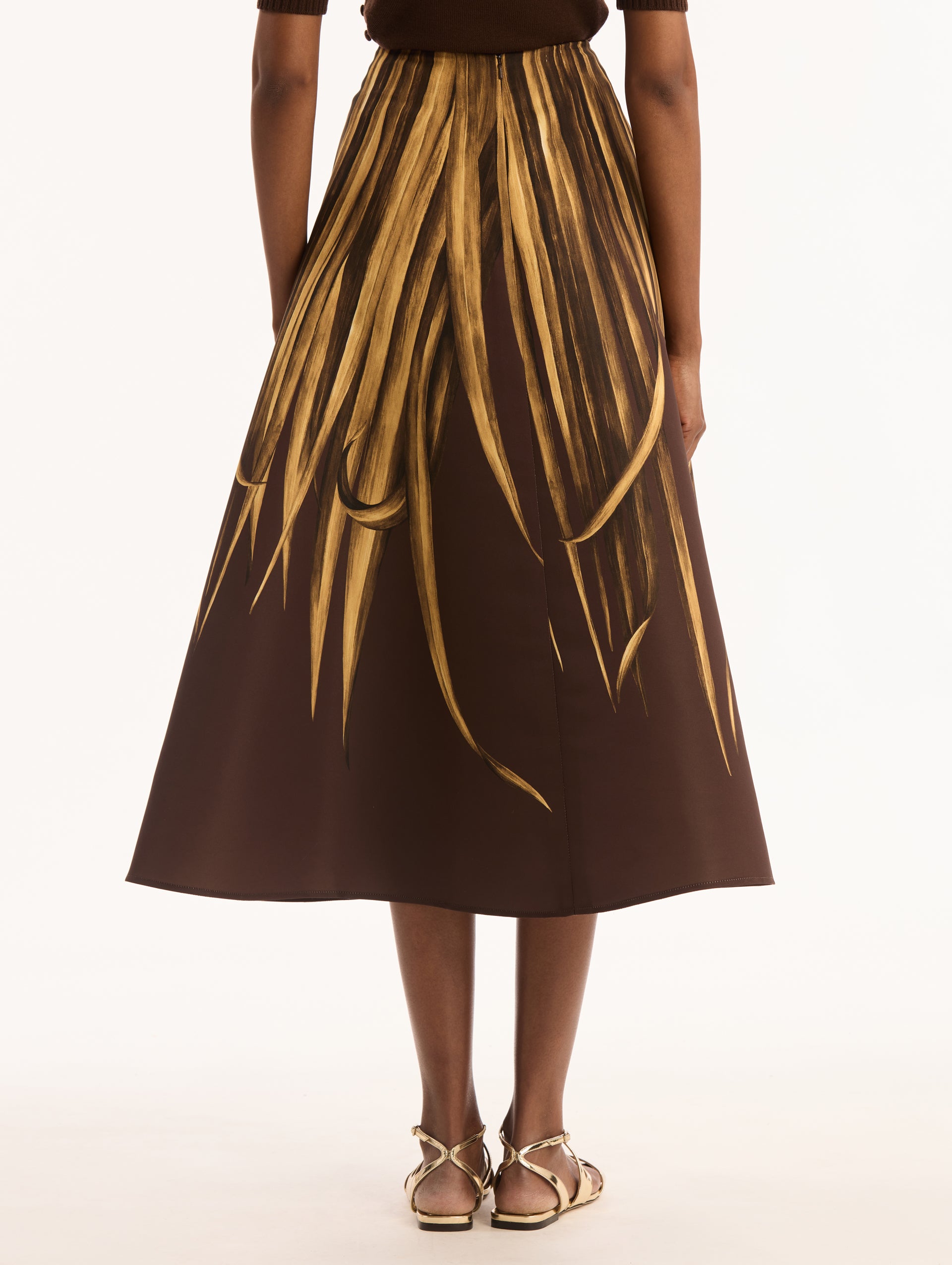 Espresso Failled Midi Skirt with Yellow Palm Leaves. Back View.