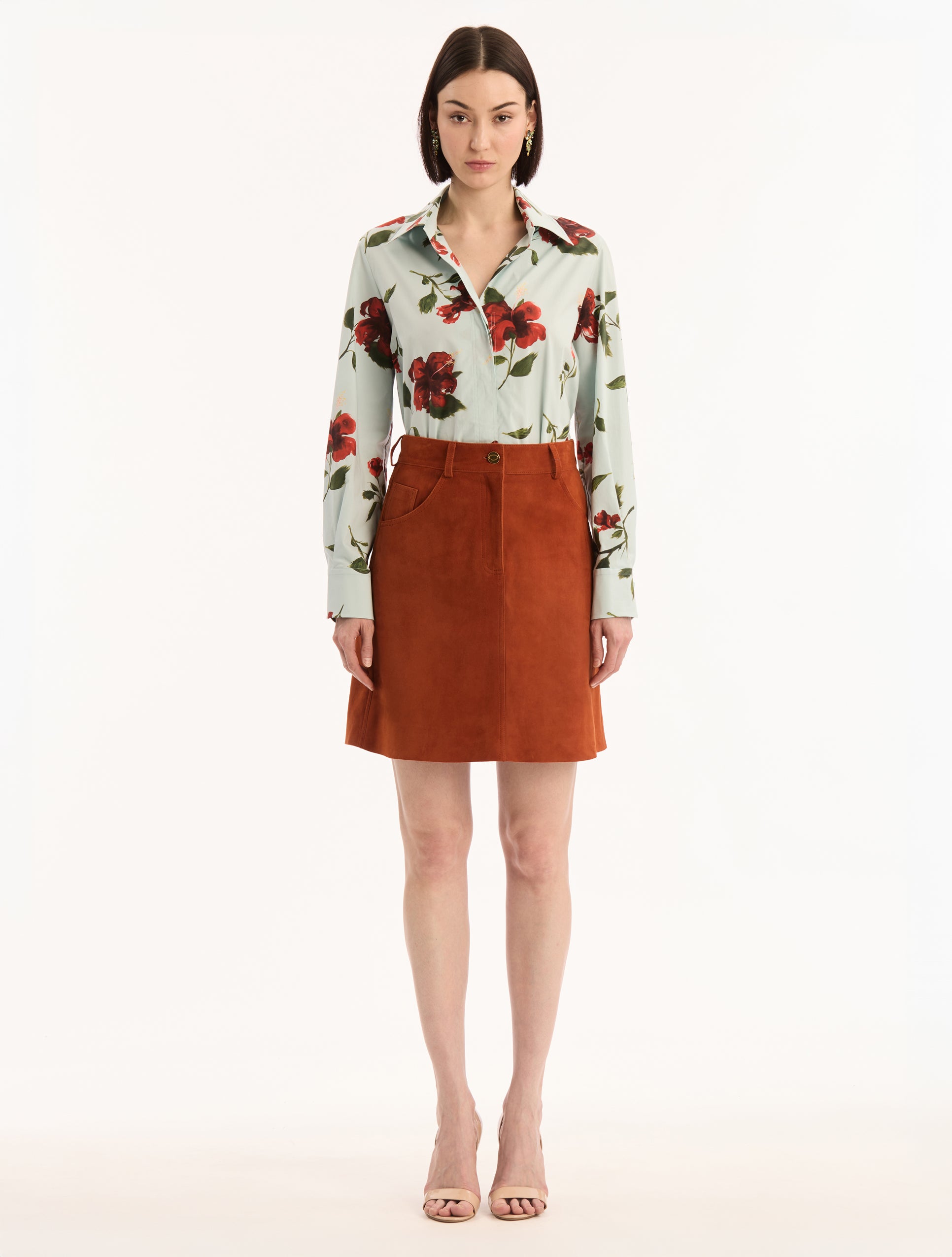 Suede Skirt in Tamarind. Pockets. Button Closure. Belt Loops. Front View.