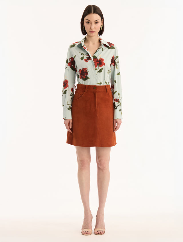 Suede Skirt in Tamarind. Pockets. Button Closure. Belt Loops. Front View.