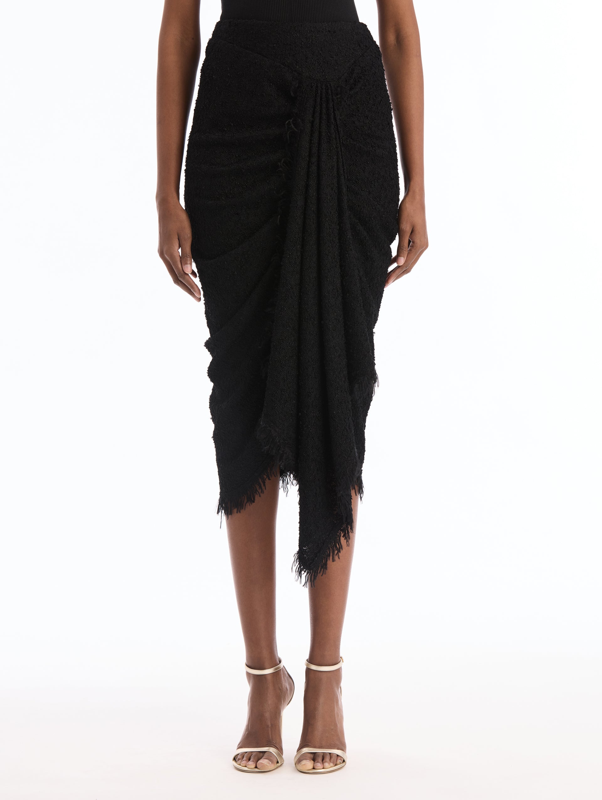 Black Draped Bouclé Skirt. Front View.