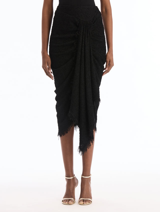 Black Draped Bouclé Skirt. Front View.