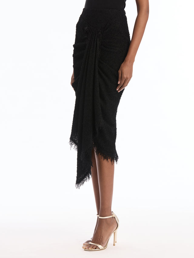 Black Draped Bouclé Skirt. Side View.
