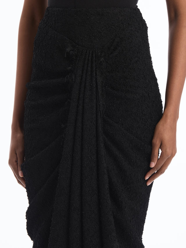 Black Draped Bouclé Skirt. Close Up Front View.