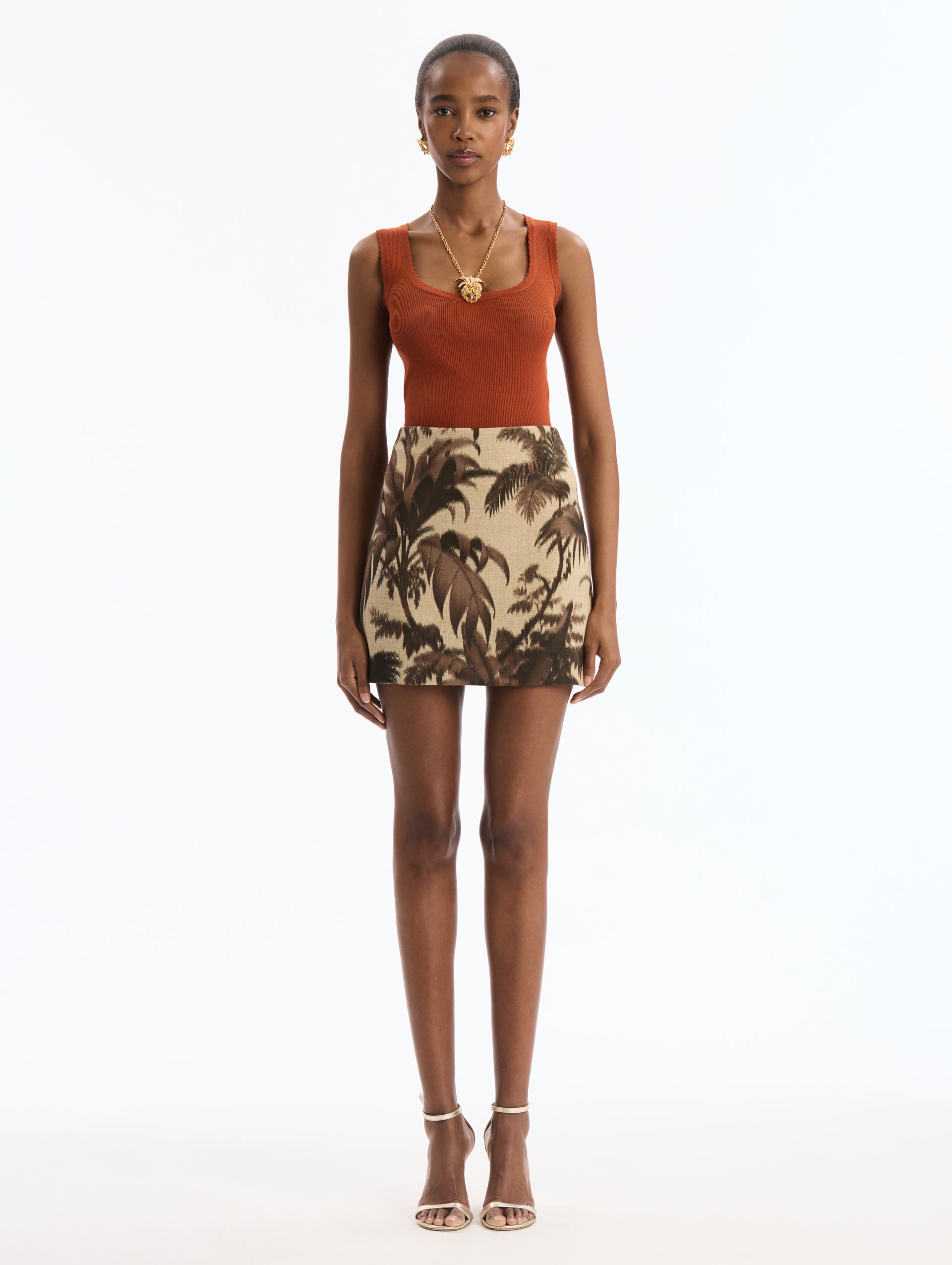 Brown Chiné Palm Leaves Mini Skirt. Front View. 