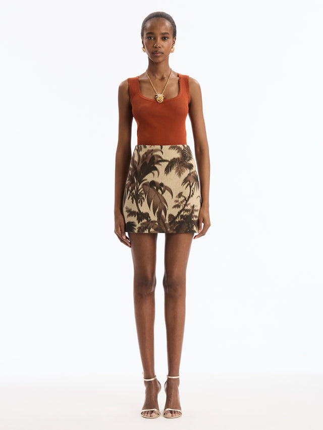 Brown Chiné Palm Leaves Mini Skirt. Front View. 