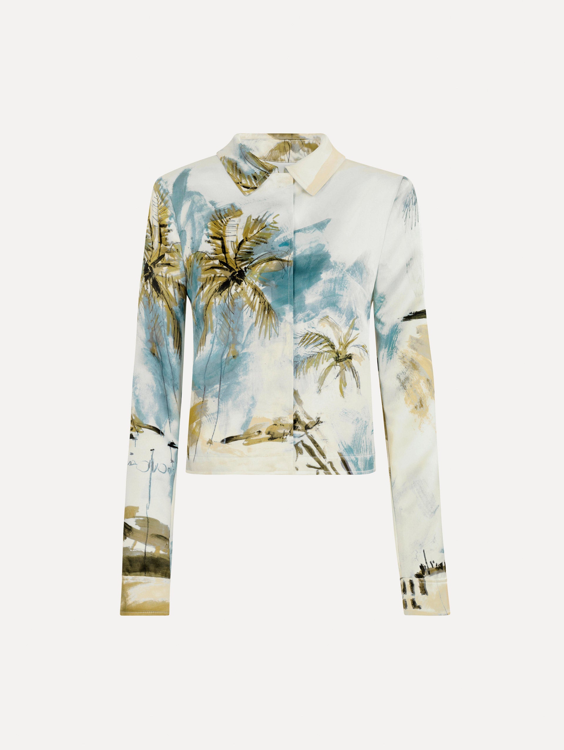 Dominican Landscape Jacket in Blue and Green multi. Front view.