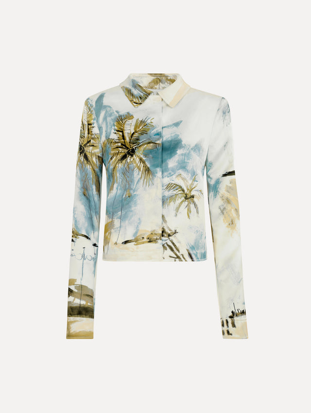 Dominican Landscape Jacket in Blue and Green multi. Front view.