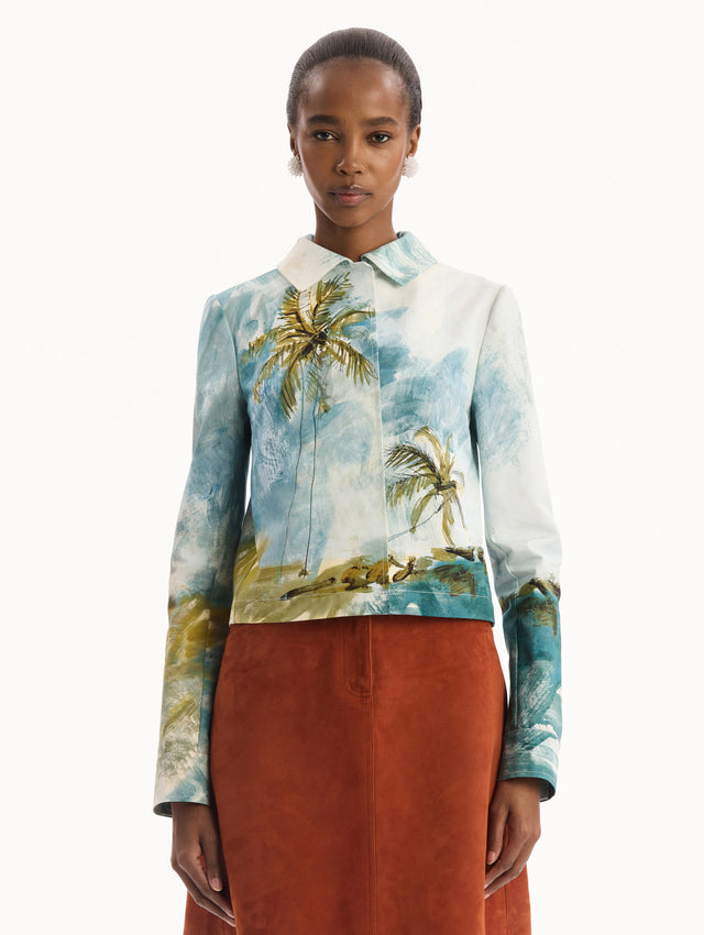 Dominican Landscape Jacket in Blue and Green multi. Front view.