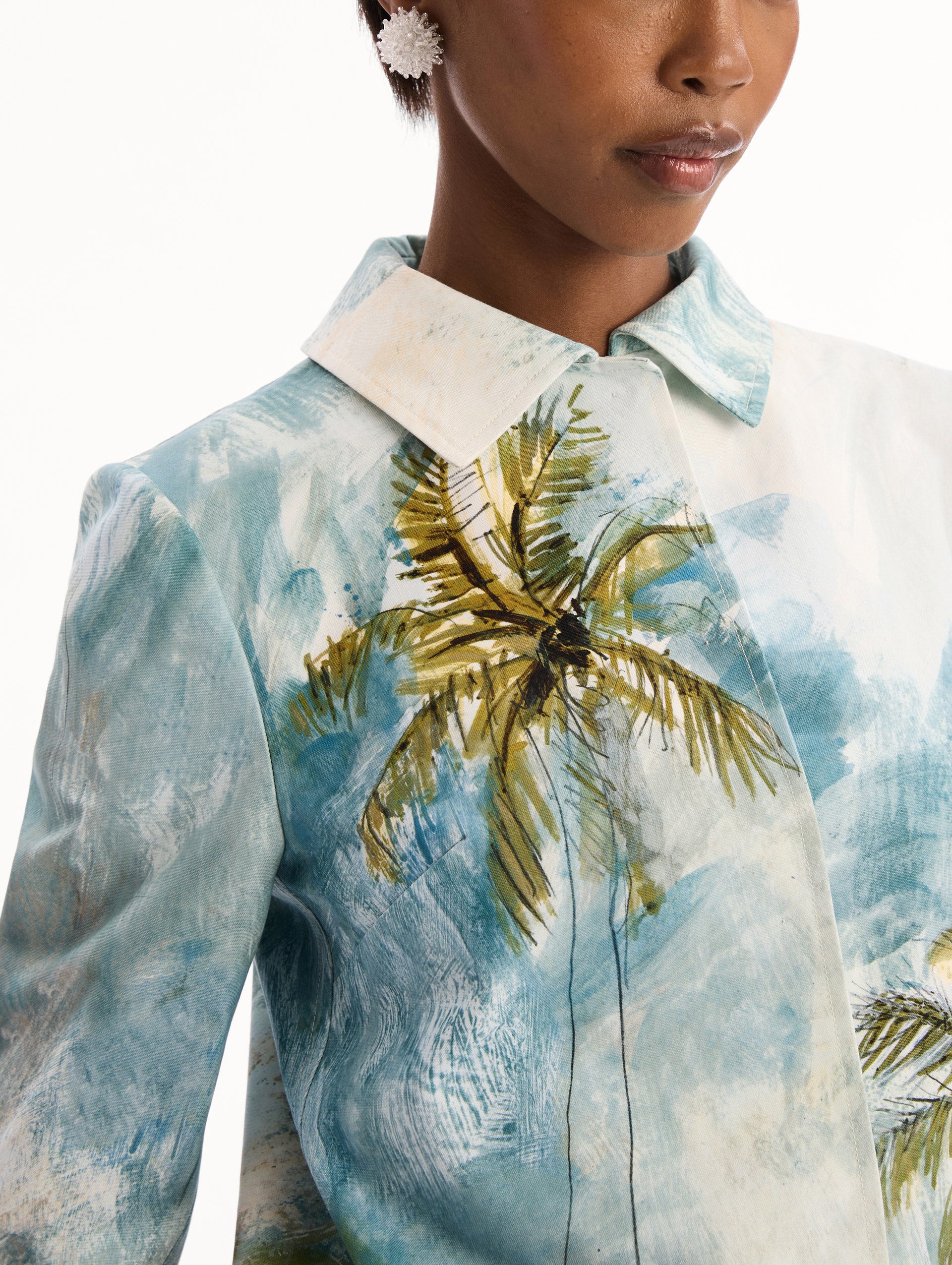 Dominican Landscape Jacket in blue and green multi. Zoom view.