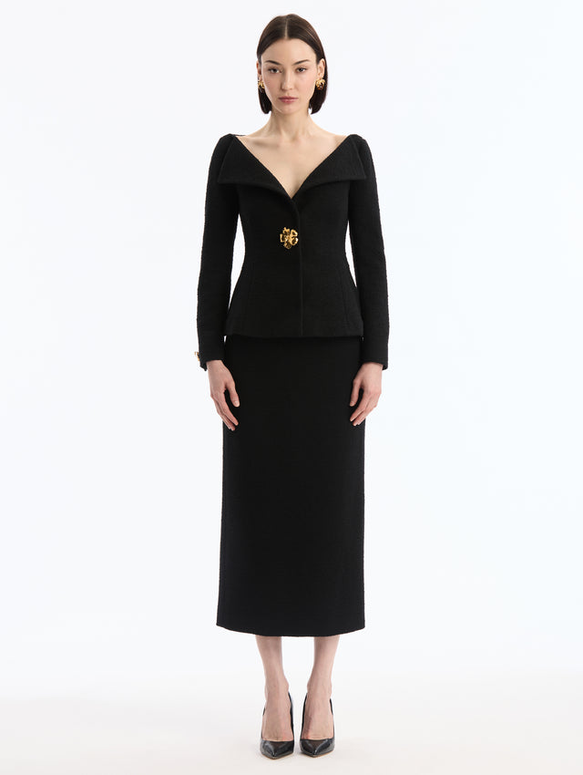 Black V-Neck Tweed Jacket with Gold Hibiscus Button. Front View. 