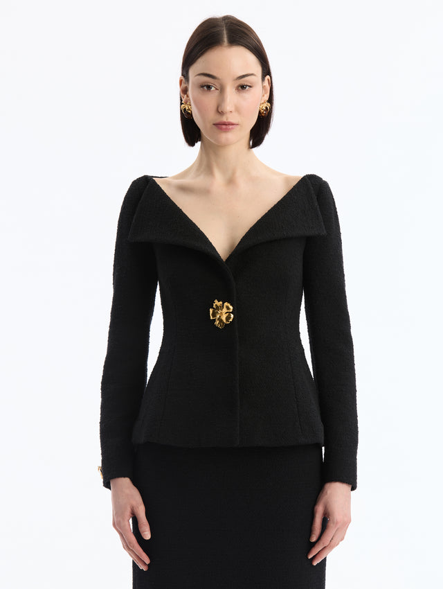 Black V-Neck Tweed Jacket with Gold Hibiscus Button. Front View. 