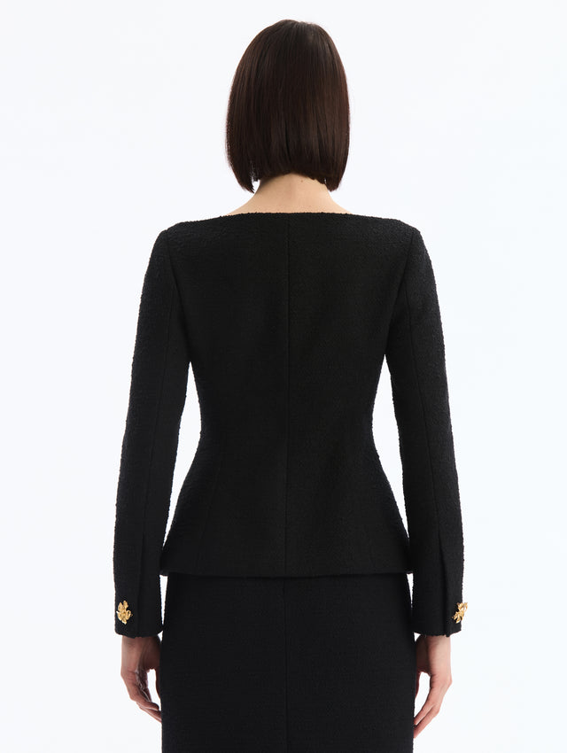 Black V-Neck Tweed Jacket with Gold Hibiscus Button. Back View. 