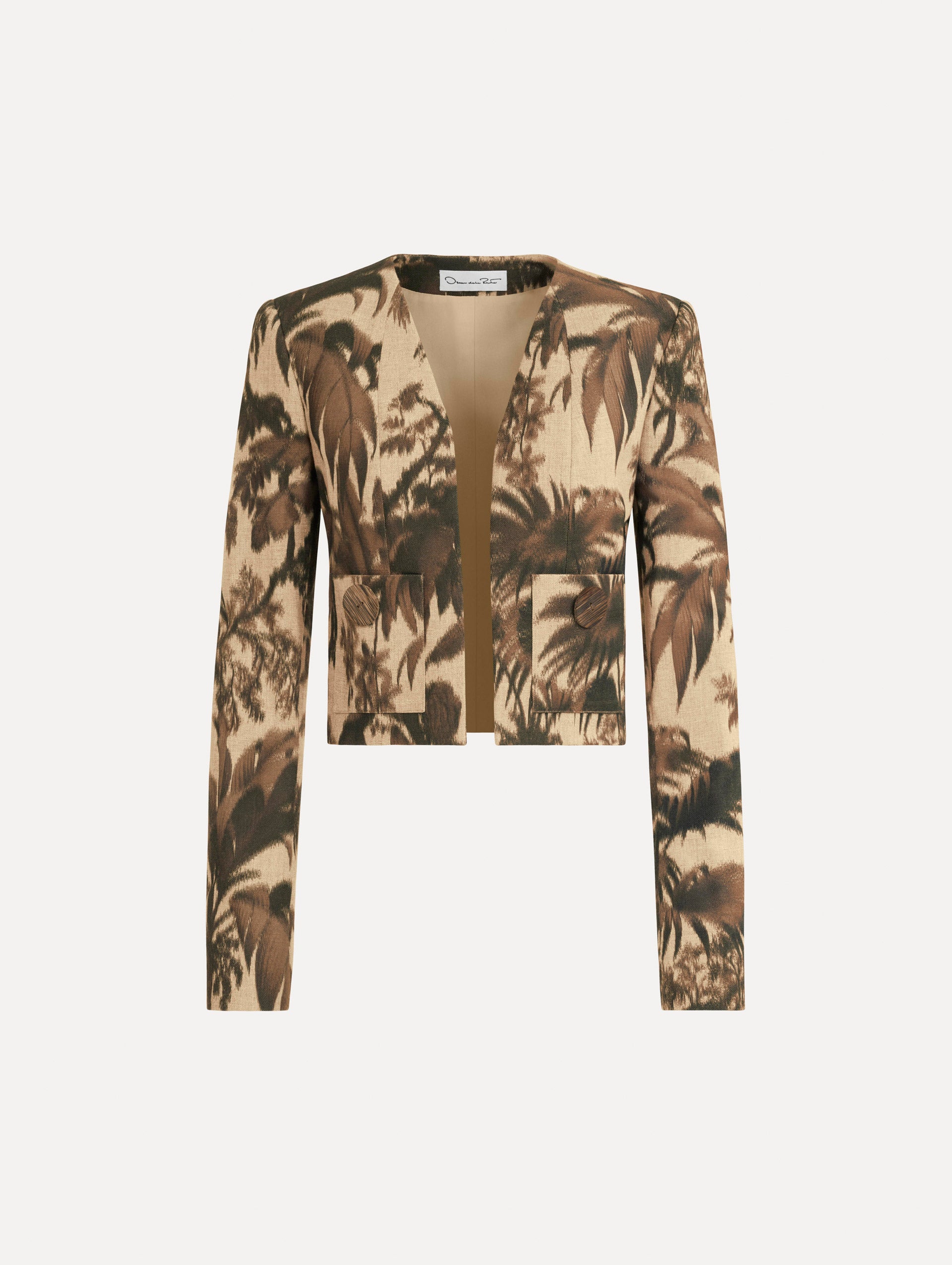 The Chiné Palm Leaves Jacket printed with brown palm leaves. Featuring long sleeves, front pockets with a button closure, and a tailored silhouette. Front View.