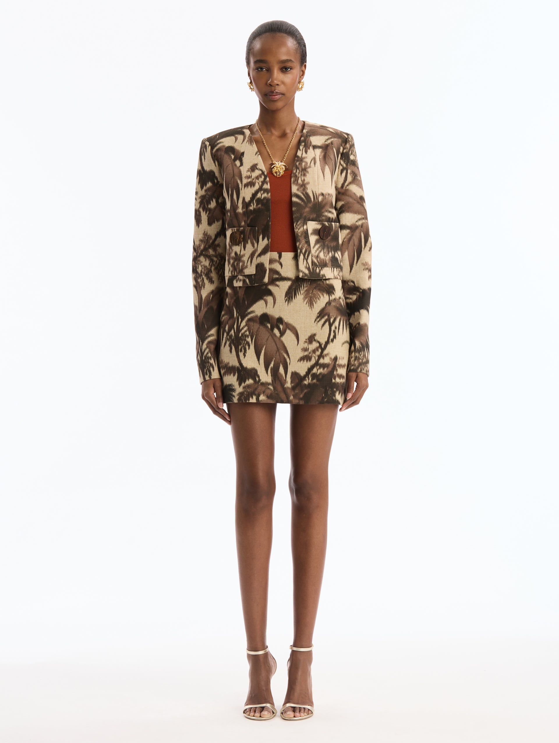 Chiné Palm Leaves Long Sleeve Cropped Jacket. Front View.