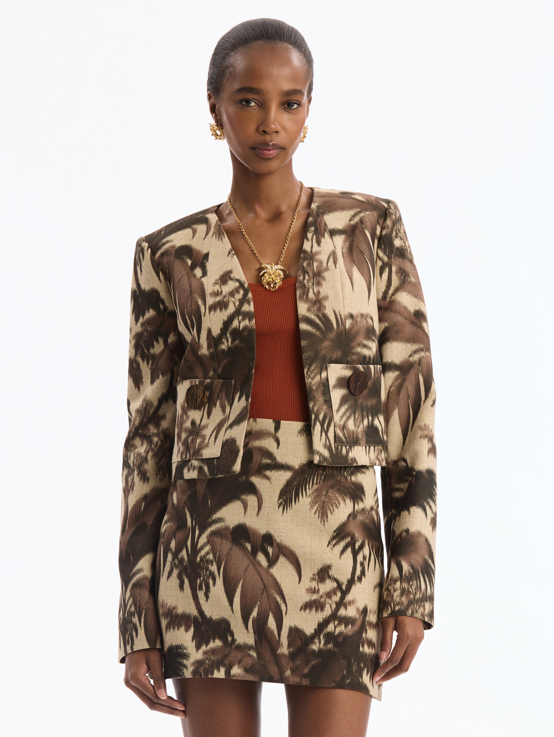 Chiné Palm Leaves Long Sleeve Cropped Jacket. Front View.