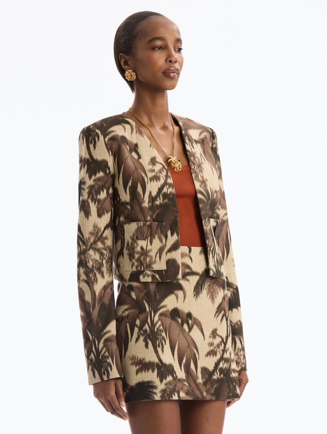 Chiné Palm Leaves Long Sleeve Cropped Jacket. Side View.