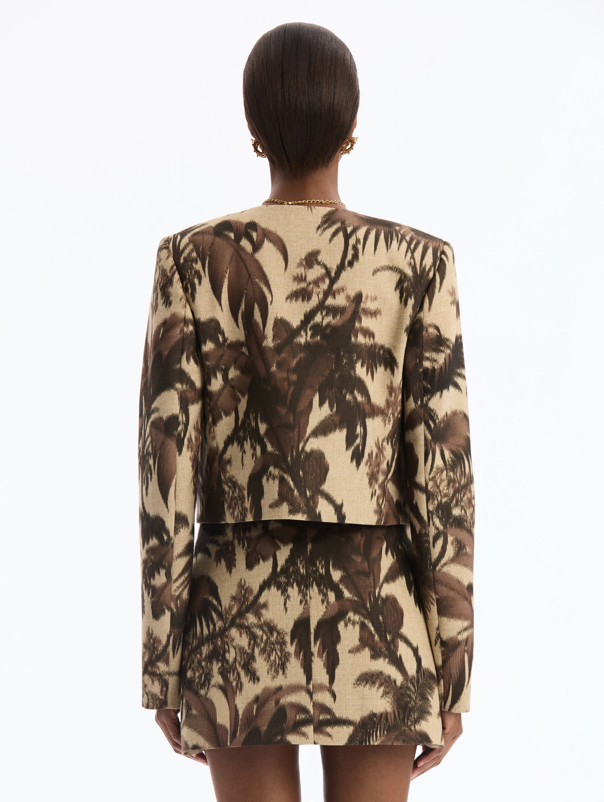 Chiné Palm Leaves Long Sleeve Cropped Jacket. Back View.