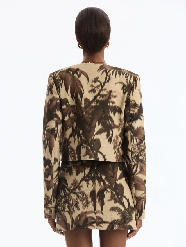 Chiné Palm Leaves Long Sleeve Cropped Jacket. Back View.