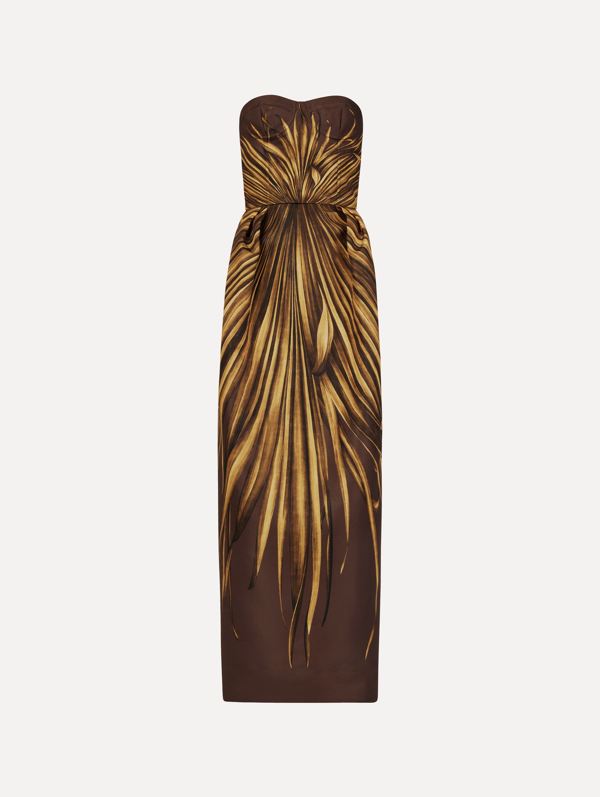 The Palm Leaves Faille Gown in brown printed with gold palm leaves. Featuring a strapless neckline, sculpted bodice, and long skirt. Front View.