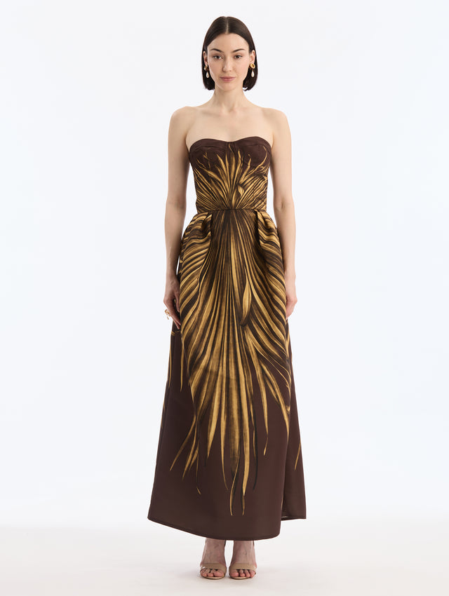 Espresso Maxi Faille Gown with Yellow Palm Leaves Print. Pocketed. Front View.