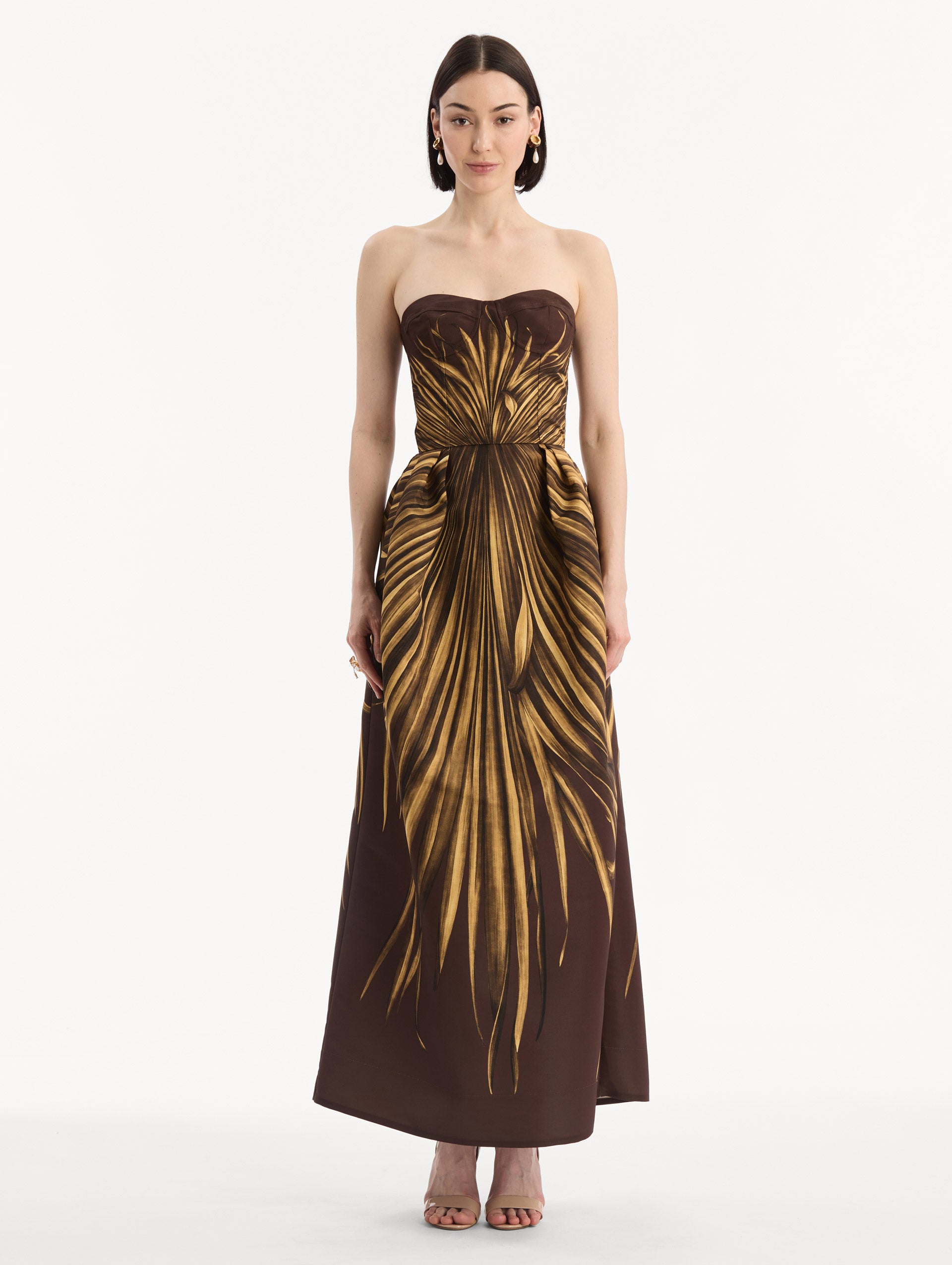 gold leaf dress Oscar de la Renta Palm Faille Sleeveless Bustier Gown - Brown making you feel like Size:46 X Long Latest Party Dresses | edit_occassions26
