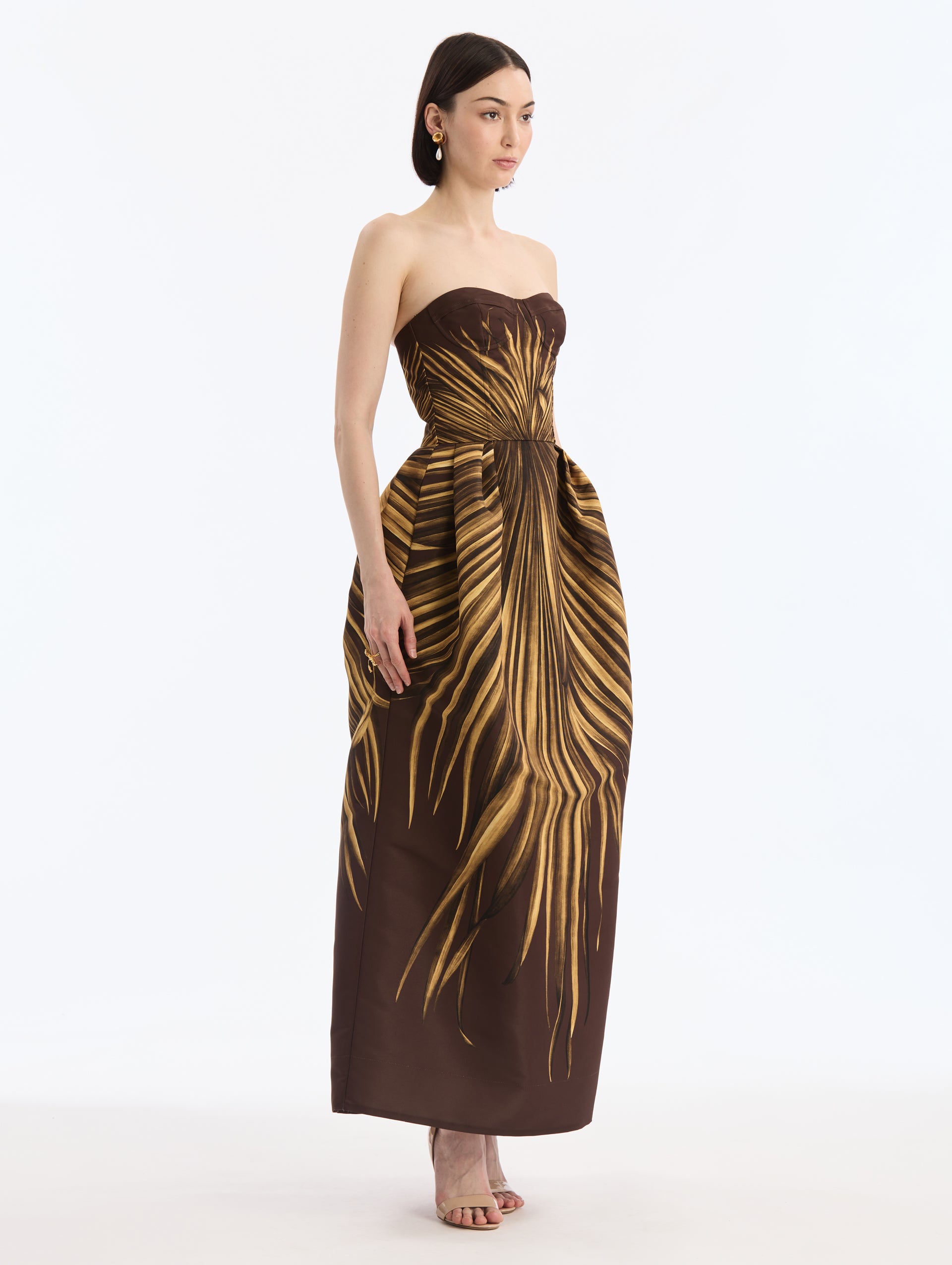 Espresso Maxi Faille Gown with Yellow Palm Leaves Print. Pocketed. Side View.