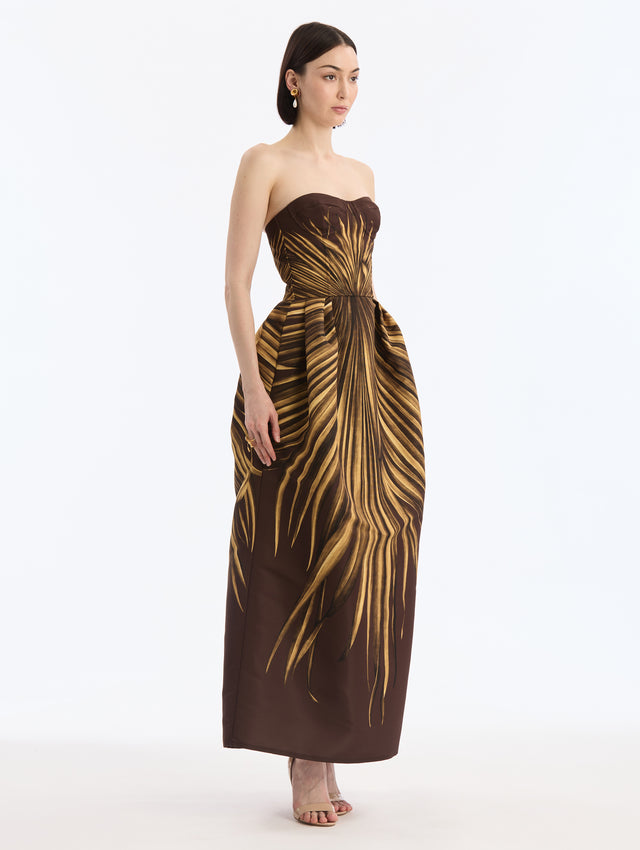 Espresso Maxi Faille Gown with Yellow Palm Leaves Print. Pocketed. Side View.