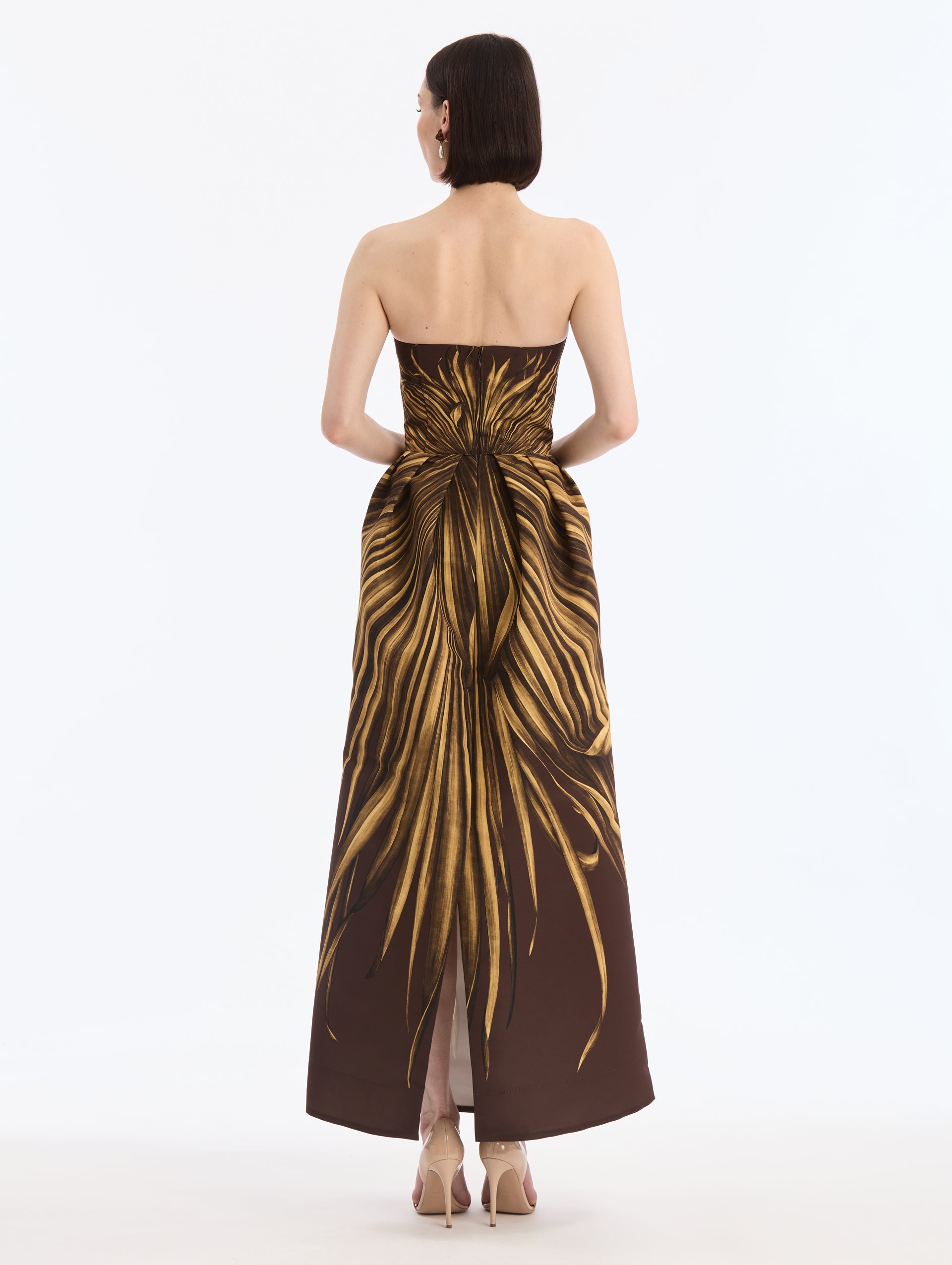 Espresso Maxi Faille Gown with Yellow Palm Leaves Print. Pocketed. Small slit center back. Back View.