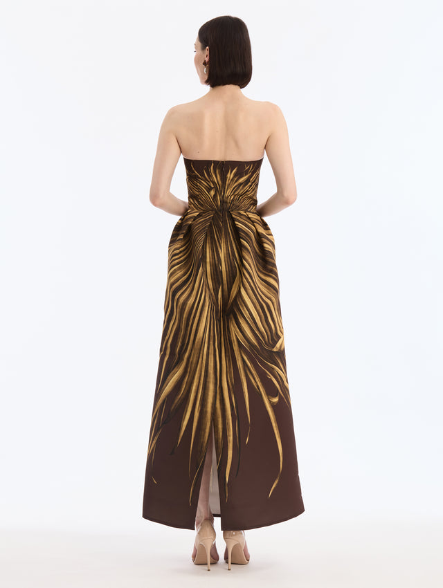 Espresso Maxi Faille Gown with Yellow Palm Leaves Print. Pocketed. Small slit center back. Back View.
