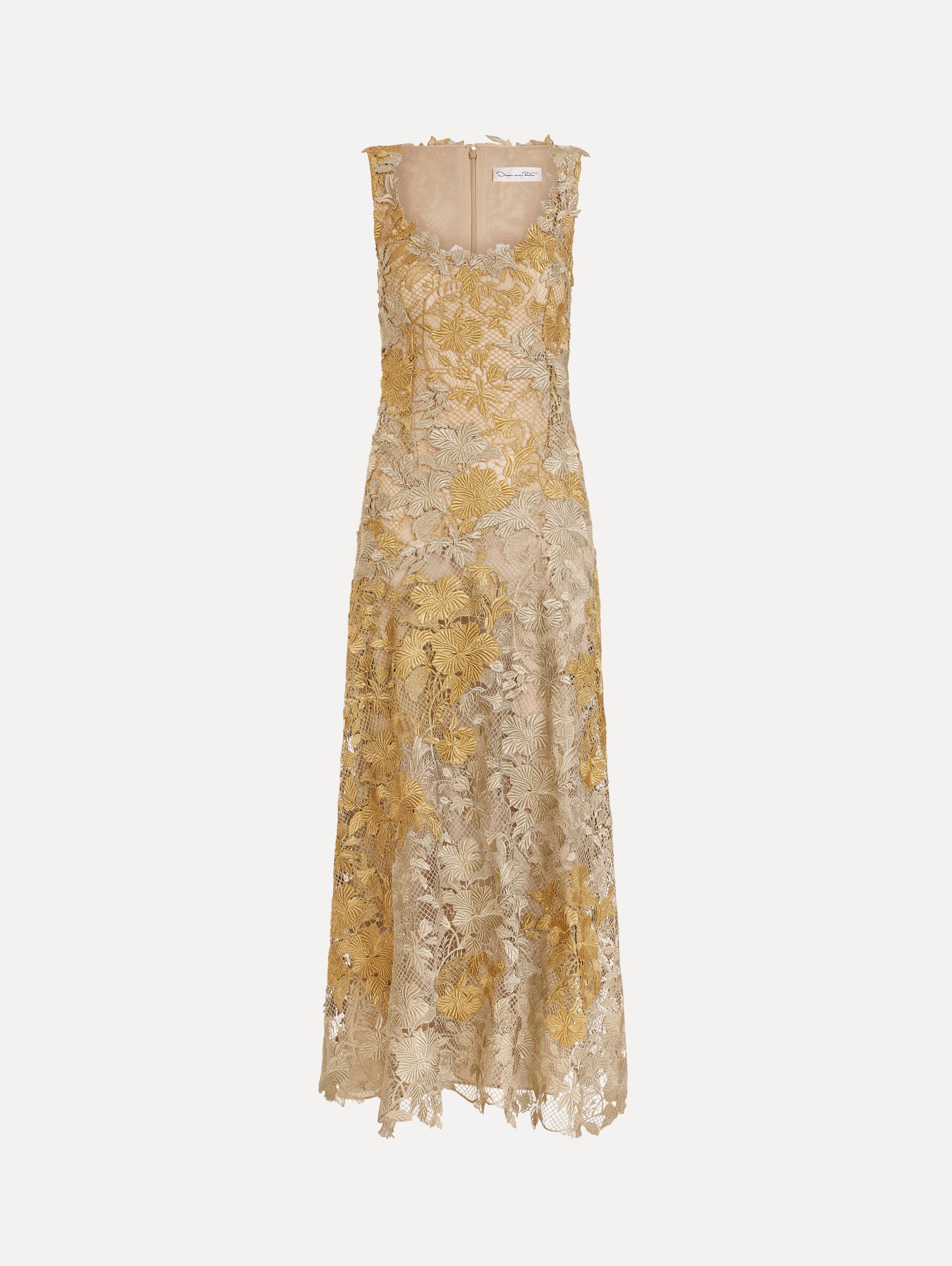 The Hibiscus Metallic Guipure Cocktail Dress in Gold. Featuring metallic guipure lace, a fitted bodice, and softly flared skirt. Front View.