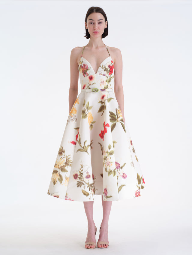 Chiné Dominican Mixed-Floral Faille Midi Dress. V Neck with Halter Straps. Matching belt. Front View.